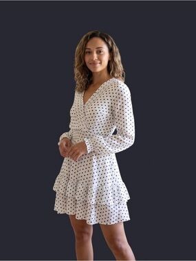 Polka Dot Tiered Wrap Mini Dress - White/Black